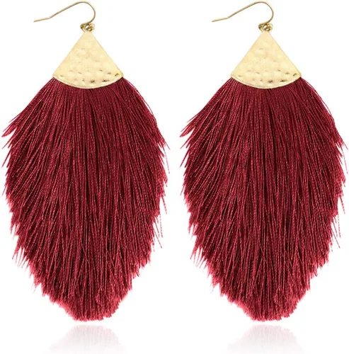 Vista 28 de Aretes bohemios de hilo sedoso con flecos y borlas – Ligeros, colgantes, con hebras y forma de pluma Fleco de plumas - Azul Aqua