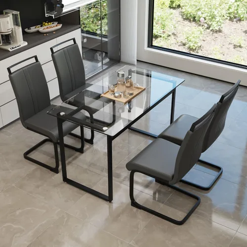 Vista 16 de Juego de mesa de comedor de cristal moderno para 4, juego de mesa de cocina rectangular, juego de mesa de comedor de 5 piezas con 1 mesa de vidrio