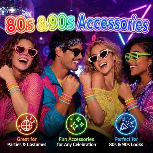 Vista 5 de 60 pulseras de gelatina de los años 80 para adultos, pulseras de goma de neón de MAQIHAN para mujeres, brazaletes de gelatina de los años 80, bandas