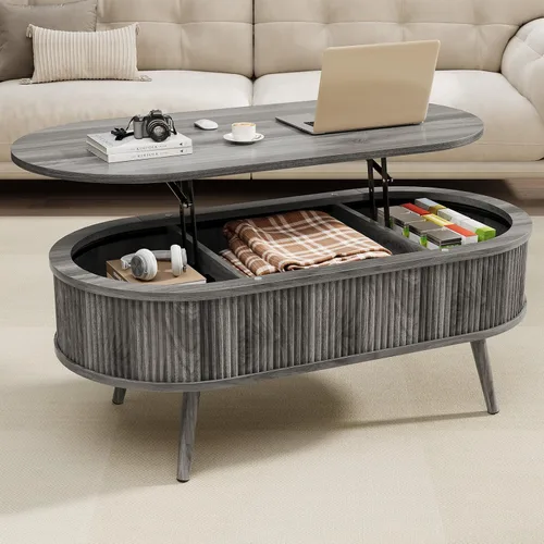 Vista 8 de Mesa auxiliar ovalada con almacenamiento, moderna mesa de centro acanalada con parte superior elevadora, mesas de centro pequeñas con Negro