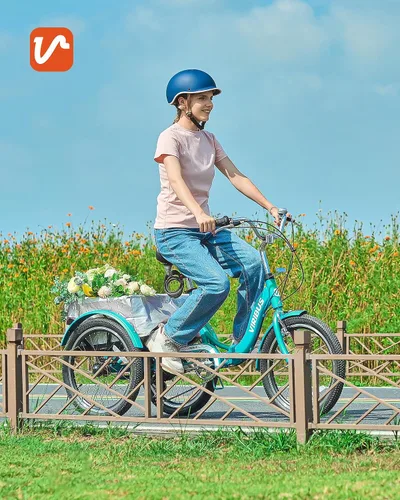 Vista 2 de VIRIBUS Triciclo plegable para adultos, triciclo plegable de 20 pulgadas para adultos de 1 o 7 velocidades con cesta, bicicletas plegables de 3