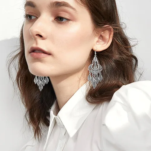 Vista 3 de Pendientes colgantes únicos de estilo bohemio vintage con diseño de lágrima de bronce para mujer