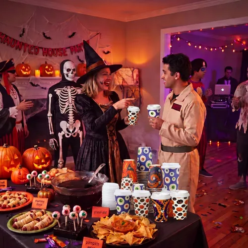 Vista 4 de 65 tazas de café desechables de Halloween de 14 onzas con tapas a