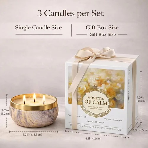 Vista 10 de YMing Juego de 3 velas de regalo de 3 mechas, 14 onzas cada una, velas perfumadas para el hogar, té blanco y salvia, vainilla y ámbar, cedro
