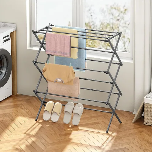 Vista 9 de KINGBOARD Tendedero de secado de ropa plegable con 11 postes, estante de secado de lavandería de 3 niveles, estante de secado de ropa pequeño