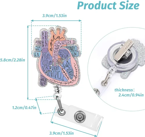 Vista 2 de Dimeho Portaplacas de Identificación Cardíaco Corazón Carrete Retráctil Clip Tarjeta ID Anatomía Divertido Portanombres Enfermera Pediatría