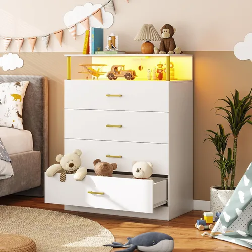 Vista 7 de AOGLLATI Cómoda blanca para dormitorio con diseño de columna, cómoda de 4 cajones con estación de carga, cómoda moderna led alta para dormitorio