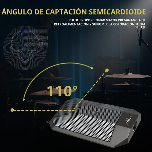Vista 6 de Micrófono profesional de tambor con soporte, Micrófono de tambor supercardioide con conector XLR, Micrófono de condensador con interruptor