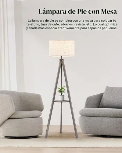 Vista 7 de ELYONA Lámpara de pie con trípode de madera estilo granja con mesa, lámpara de pie de lectura moderna con 3 temperaturas de color, bombilla LED