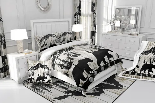 Vista 6 de Manfei Manta de oso negro con silueta de árbol para sofá, manta de cama temática de aventura de montaña para niños y adolescentes, decoración
