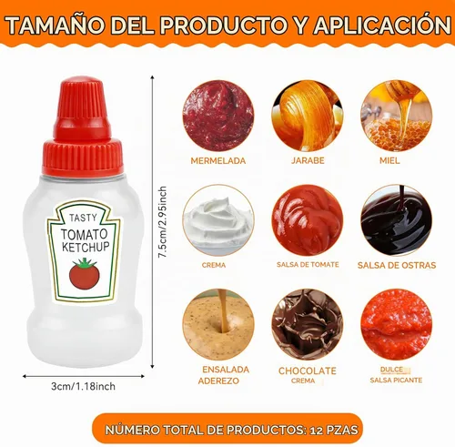 Vista 2 de Fantasyon 12 mini botellas de ketchup para accesorios de caja Bento, botellas exprimibles de condimentos de 0.8 fl oz, contenedor de salsa