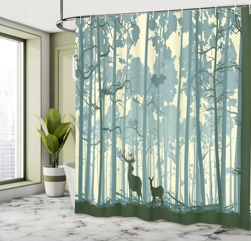 Vista 4 de Ambesonne Cortina de ducha con diseño de ciervo, silueta de animales del bosque brumoso en la naturaleza, diseño de dibujos animados, decoración