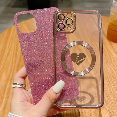 Vista 3 de Funda compatible con iPhone 11 Pro Max de 6.5 pulgadas con Magsafe, funda magnética de corazón chapado con purpurina para mujeres y niñas