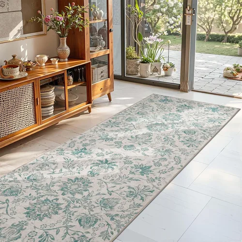 Vista 389 de jinchan Lima - Alfombra simétrica floral geométrica lavable, alfombra de entrada de medio círculo de 2 x 3, alfombra de media luna, suave y Azul
