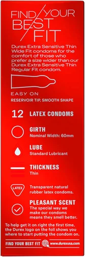 Vista 10 de Durex Preservativos de látex extra sensibles lubricados ultra finos de alta calidad, ajuste ancho, 12