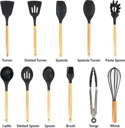 Vista 5 de Megachef Juego de utensilios de cocina de madera, 12 piezas, textura negra y madera