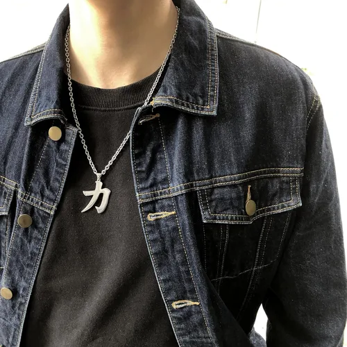 Vista 4 de Wchama Collar con símbolo kanji de fuerza japonesa, dije de buena suerte, dije de acero inoxidable, joyería japonesa para mujeres y hombres