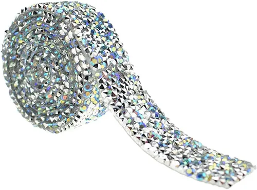 Vista 15 de Hahiyo Cinta de diamantes de imitación de cristal, pegamento térmico, reutilizable, elástico, rollo de malla brillante, 1 yarda, palo de planchar