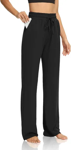 Vista 3 de DIBAOLONG Pantalones de yoga para mujer, pierna ancha, cómodos, con cordón, holgados, largos, palazzo, pantalones de entrenamiento con bolsillos