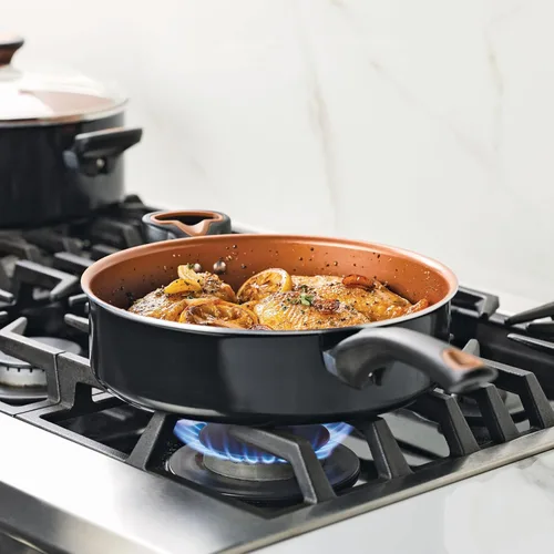 Vista 10 de Farberware Glide Ceramic Sartén Antiadherente / Sartén para Saltear / Sartén para Freír con Tapa y Mango Auxiliar - 4 Cuartos, Negro