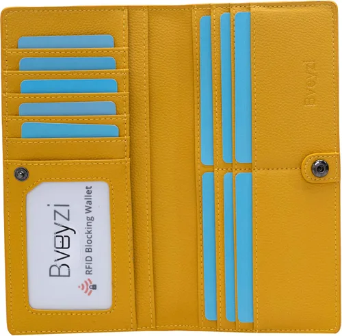 Vista 13 de Bveyzi Portamonedas de Cuero Ultra Delgadas y Finas con Bloqueo RFID para Tarjetas de Crédito, Billetera Plegable Bifold Tipo Clutch para Mujeres
