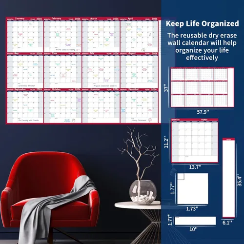 Vista 7 de Calendario grande de borrado en seco para pared, calendario anual de pared, 58 x 37 pulgadas, calendario en blanco sin fecha de 12 meses, calendario