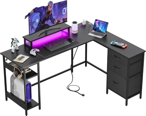 Vista 12 de DEVAISE Escritorio para juegos en forma de L de 48 pulgadas con cajones y almacenamiento, escritorio de esquina con luces LED, tomas de corriente