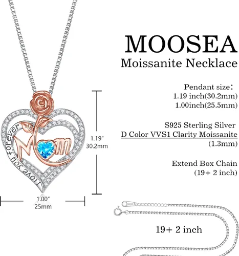 Vista 6 de MOOSEA Collar de mamá para mujer, collar de piedra lateral de diamante de moissanita, collar de piedra natal de corazón rosa de oro blanco de 18