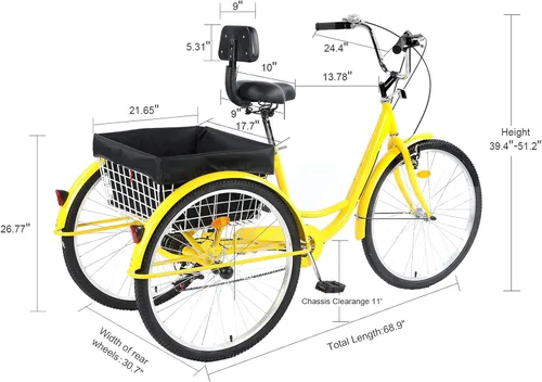 Vista 8 de Triciclo para adultos de 24/26 pulgadas, 7 velocidades, triciclos de montaña de 3 ruedas, bicicletas de tres ruedas con cesta y asiento de respaldo