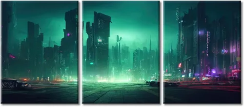 Vista 122 de Arte de pared de 3 piezas de escena de ciencia ficción de la calle comercial futurista paisaje urbano, decoración de pared para dormitorio