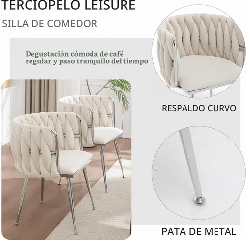 Vista 4 de Juego de 2 Sillas de Comedor de Terciopelo, Sillas Tapizadas para Comedor con Patas de Metal, Sillas de Comedor Modernas 2, Sillas Modernas de Beige