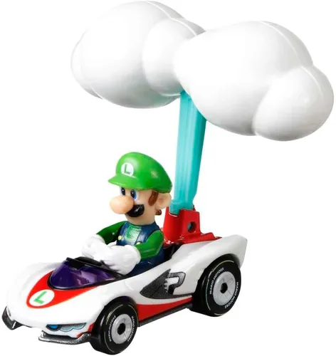 Vista 2 de Hot Wheels Mario Kart Luigi fundido a presión en P-Wing Kart con Cloud Glider