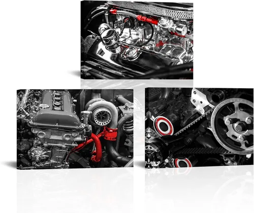 Vista 8 de FuShvre Mecánico Cuadros Mecánico Tienda Arte de Pared Lienzo Motor Impresiones para Taller Oficina Hombre Cueva Decoración de Pared Negro y Rojo