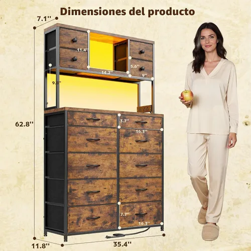 Vista 3 de Romorgniz Cómoda de 62 pulgadas de alto para dormitorio con luces LED y estación de carga, marrón Stable Steel Frame, Wood Top, Fabric Storage
