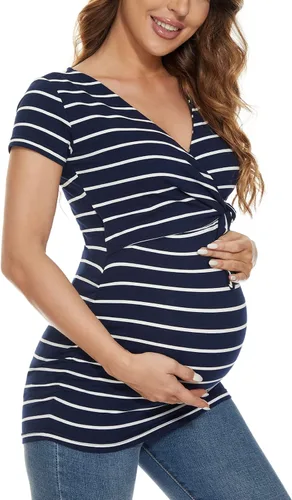 Vista 4 de Glampunch Camisas de maternidad para mujer, manga corta y larga, con lazo frontal, tops de maternidad