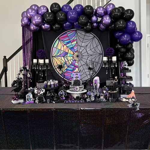 Vista 5 de Paquete de 3 manteles de plástico negro iridiscente, manteles rectangulares desechables con láser, mantel de lámina holográfica para Halloween