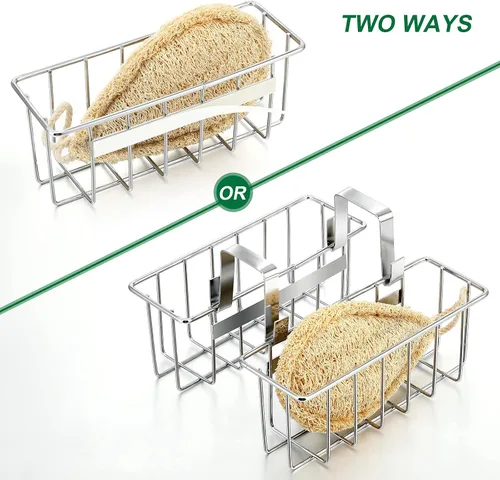 Vista 2 de Hotop Soporte de esponja de 2 piezas, organizador de fregadero de cocina, cesta organizadora de fregadero de metal, para fregador, jabón, toalla
