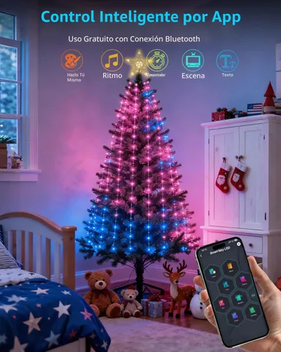Vista 7 de luces inteligentes para árbol de Navidad, espectáculo de luces LED de cambio de color DIY, 6 pies, más de 200 escenas, cascada de luces de árbol