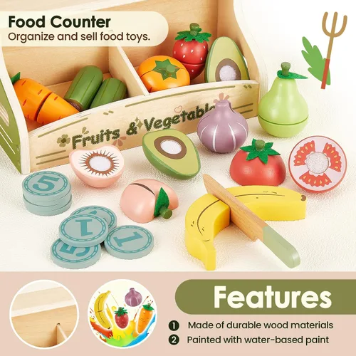 Vista 3 de Juego de accesorios de cocina con juego de simulación para cortar alimentos, plástico y madera, accesorios de cocina, juguetes de comida de juguete