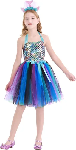 Vista 2 de WonderBabe Mermaid Tulle Tutu Dress for Girls Halloween Birthday Party Costume Princess Mermaid Dress Up Outfit with Headband