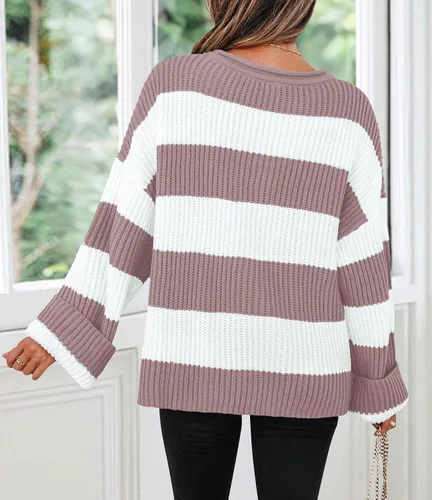 Vista 22 de ZESICA Suéter tejido sin botones de manga larga y cuello redondo, a rayas, bloques de color, cómodo, holgado, talla extragrande para mujer de 2024