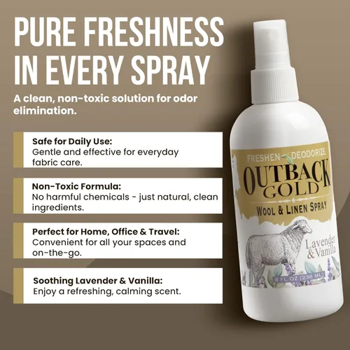 Vista 4 de Outback Gold - Spray de lino y ambientador de tela, spray natural para lana y lino, aroma de lavanda y vainilla, aceites esenciales, desodorante