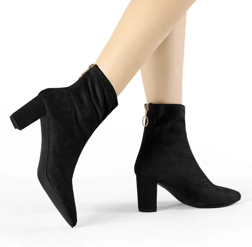 Vista 2 de Allegra K Botines de tacón grueso con cremallera y punta puntiaguda para mujer Blanco