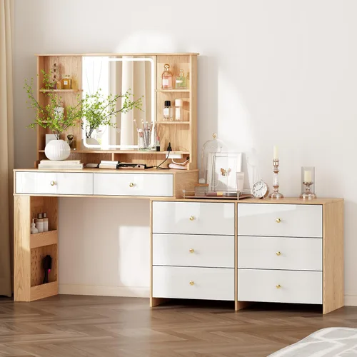 Vista 11 de Ieejdn Escritorio de tocador de maquillaje con espejo y luces, escritorio de tocador con 8 cajones y estantes de almacenamiento, mesa de tocador