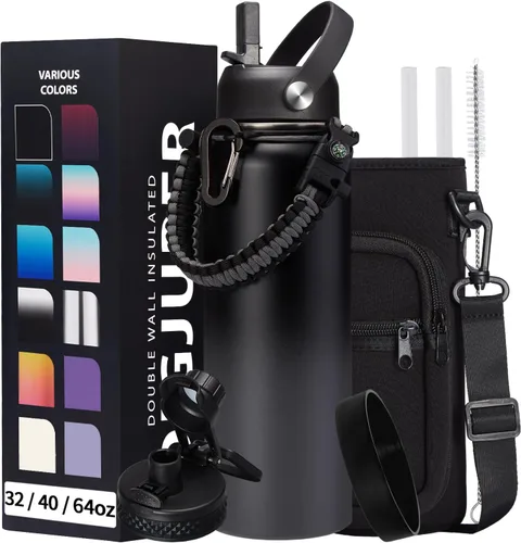 Vista 15 de Botella de agua aislada de 1 galón, con popote y tapa de pico automático, mango de paracord, funda para botella, botella de agua de acero inoxidable