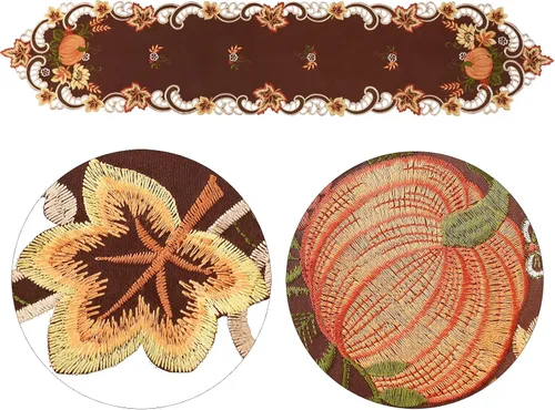 Vista 3 de Caminos de mesa bordados marrones de cosecha de Acción de Gracias para decoraciones de otoño u otoño (14 x 34 pulgadas)
