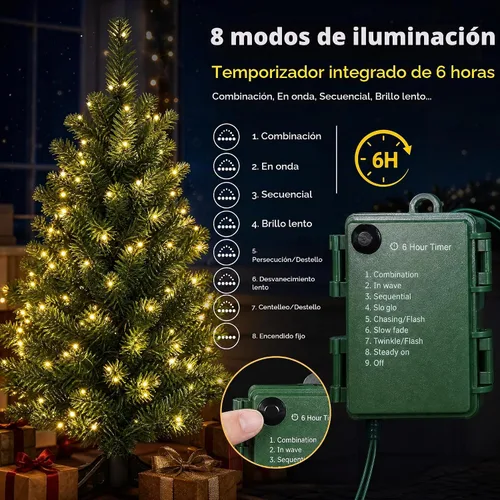 Vista 5 de Árbol de Navidad pequeño de 3 pies con luces, funciona con pilas Mini árbol de Navidad de mesa con base estable para el hogar, entrada, oficina