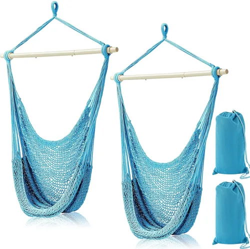 Vista 9 de Barydat - 2 sillas colgantes tipo hamaca estilo bohemio, para exteriores e interiores, cómoda cuerda de algodón suave con barras de metal Beige
