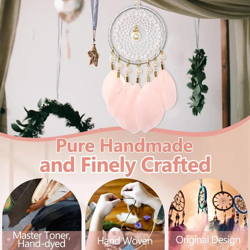 Vista 4 de Mini atrapasueños – Pluma de ganso con perla de lujo, cuero natural, pequeño atrapasueños hecho a mano para dormitorio, atrapasueños para niñas