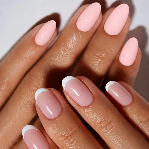 Vista 16 de modelones 64 uñas postizas de punta francesa a presión, uñas postizas cortas de almendra a presión con pegamento de uñas, pestañas adhesivas, lima